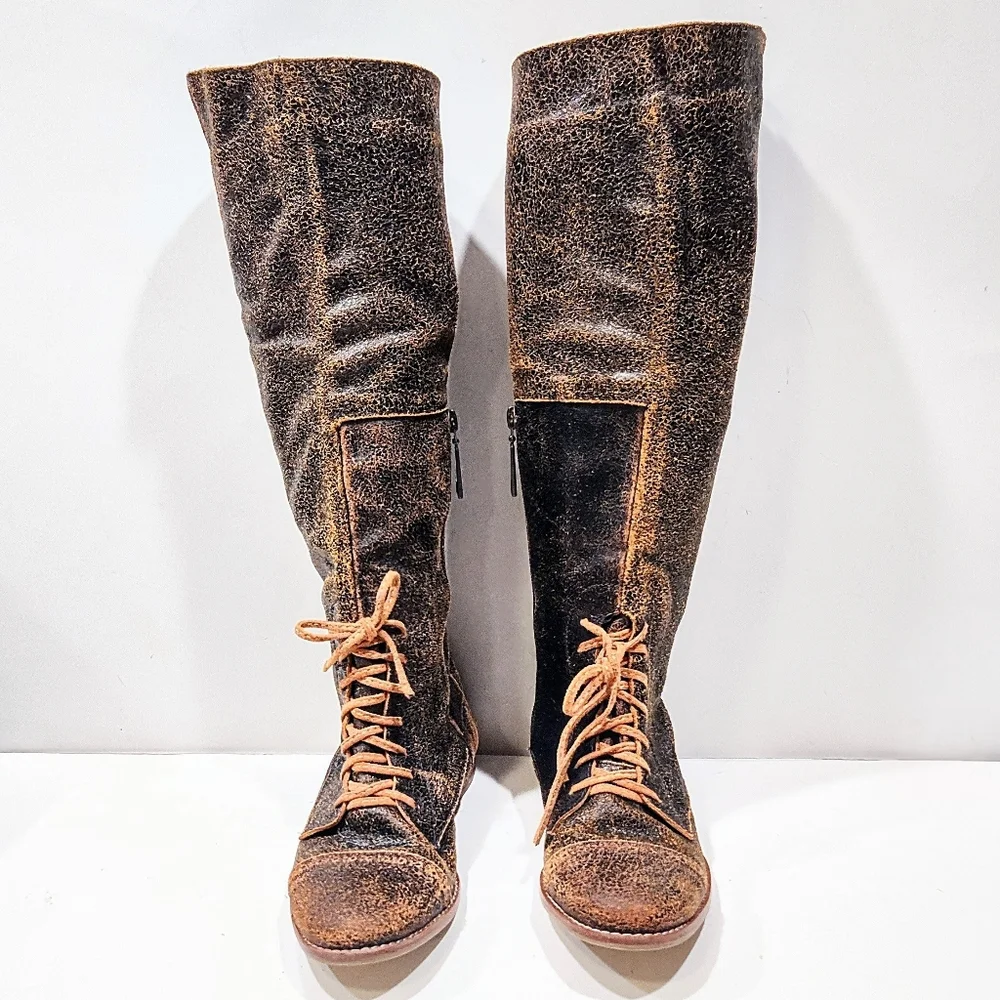 Sibyl Vane Knee High Riding Boots Distressed Leather Women 37 Equestrian Gaucho